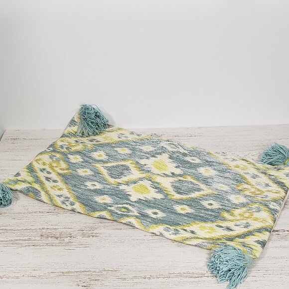 Cotton Blend Tapestry  Blue & Lime Tassled Zippered Pillow Cover Sham  24 X 13.5 - Picture 2 of 7